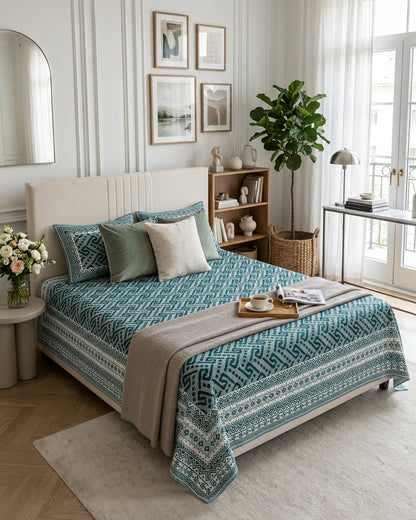 Leher Teal bedsheet, deep teal-green interlocking key-pattern print, in a bedroom with sage cushions and a taupe throw