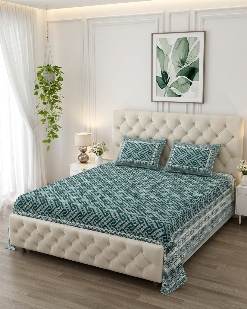 Leher Teal bedsheet, deep teal-green interlocking key-pattern print, on a tufted ivory bed