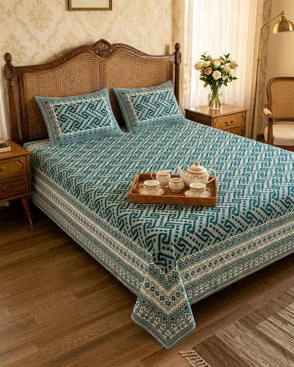 Leher Teal bedsheet, deep teal-green interlocking key-pattern print, on a bed with a cane headboard and a tea tray