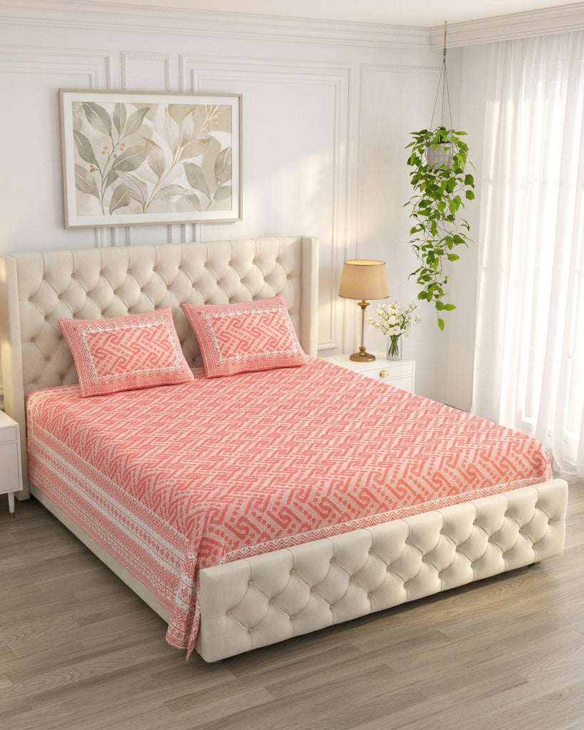 Leher Pink bedsheet, coral-pink interlocking key-pattern print, on a tufted ivory bed
