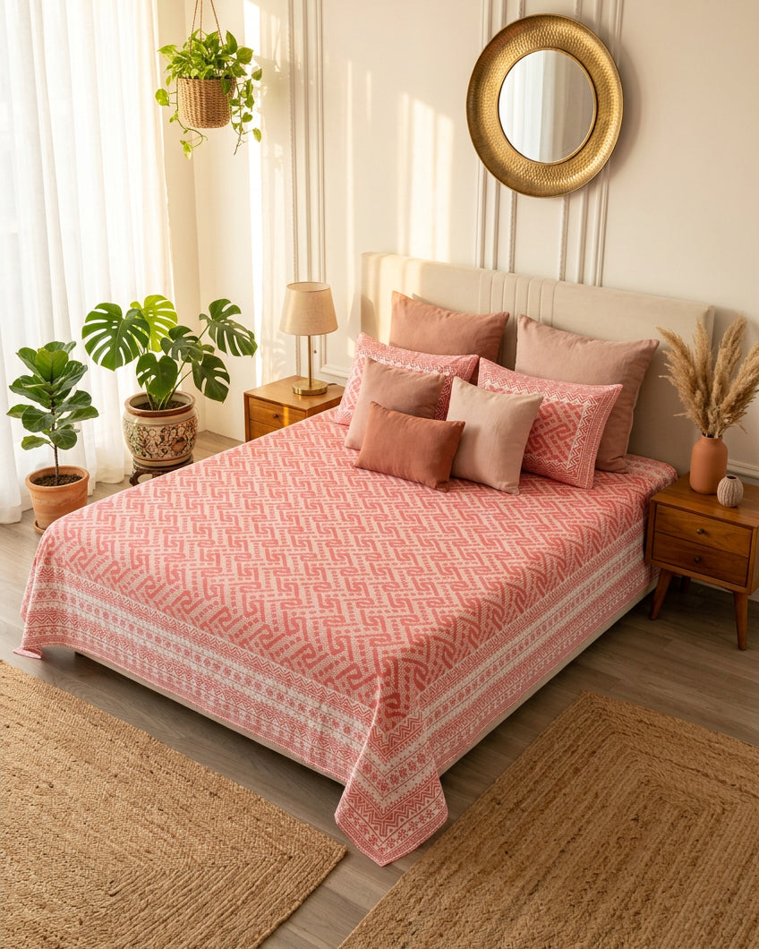Leher Pink bedsheet, coral-pink interlocking key-pattern print, on a bed with a cream headboard with pink cushions and jute rugs