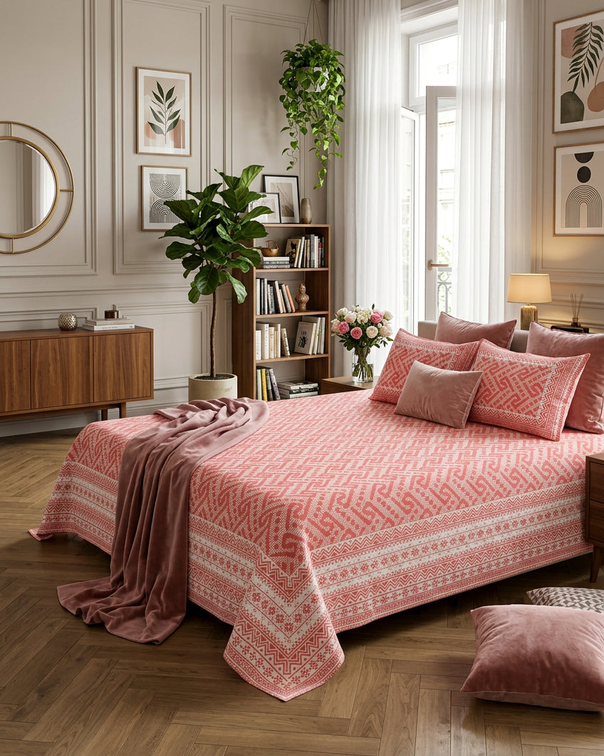 Leher Pink bedsheet, coral-pink interlocking key-pattern print, in a bedroom with a mauve throw and cushions