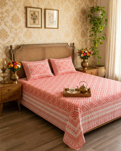 Leher Pink bedsheet, coral-pink interlocking key-pattern print, on a bed with a cane headboard and a tea tray