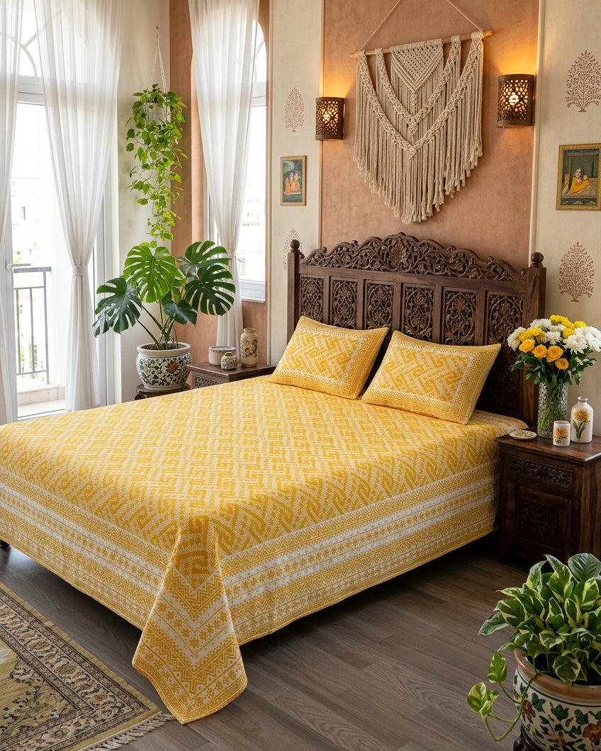 Leher Yellow bedsheet, sunny yellow interlocking key-pattern print, on a bed with a carved wood headboard with macramé