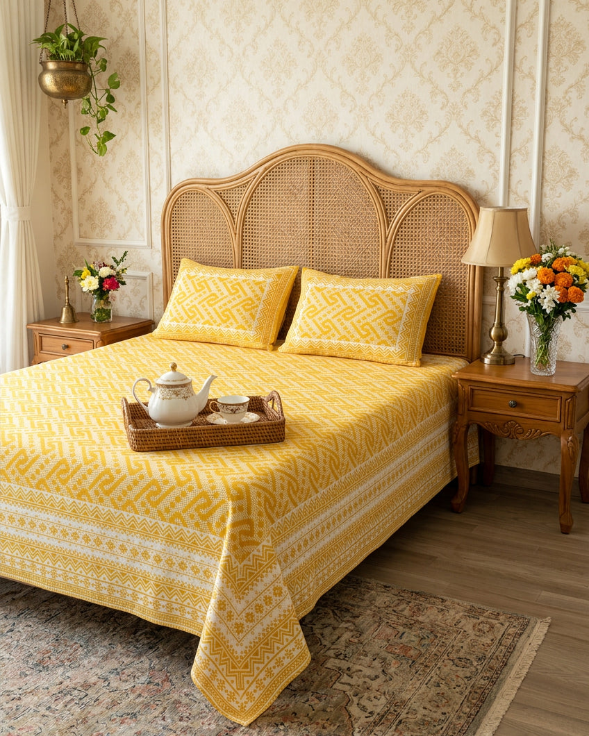 Leher Yellow bedsheet, sunny yellow interlocking key-pattern print, on a bed with a cane headboard and a tea tray
