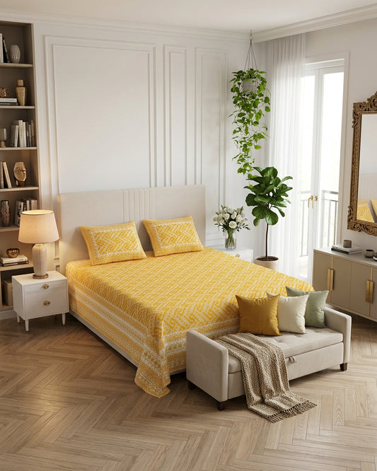 Leher Yellow bedsheet, sunny yellow interlocking key-pattern print, in a bedroom with a cream bench and cushions