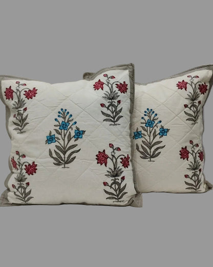 Pair of Malika grey quilted cushion covers with pink and blue floral motifs