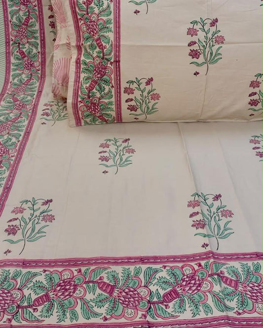 Malti hand block Percale Cotton bedsheet with pink and green floral buta and a wide pink-and-green border
