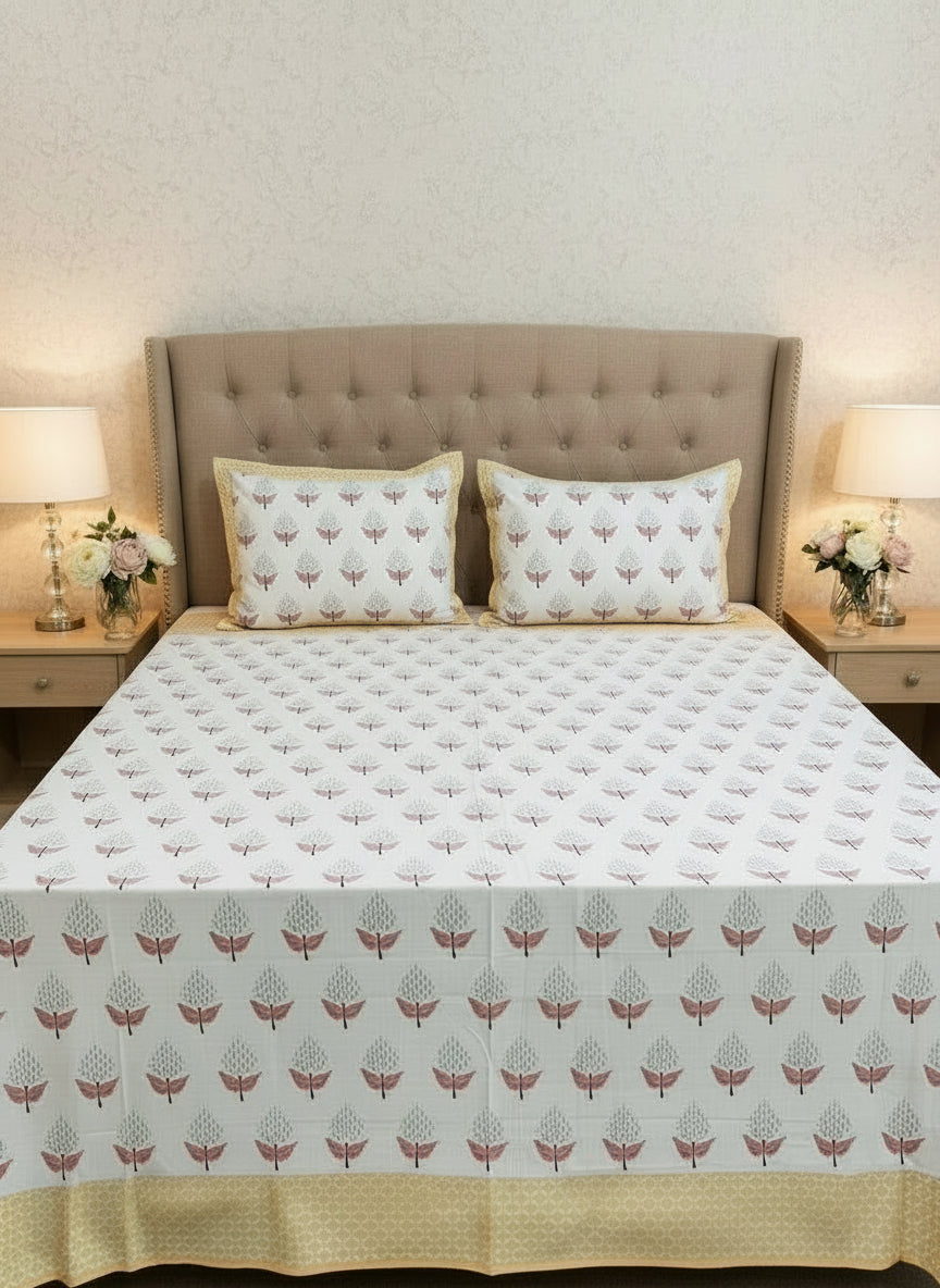 Bed with floral patterned bedding and pillows in a bedroom setting.