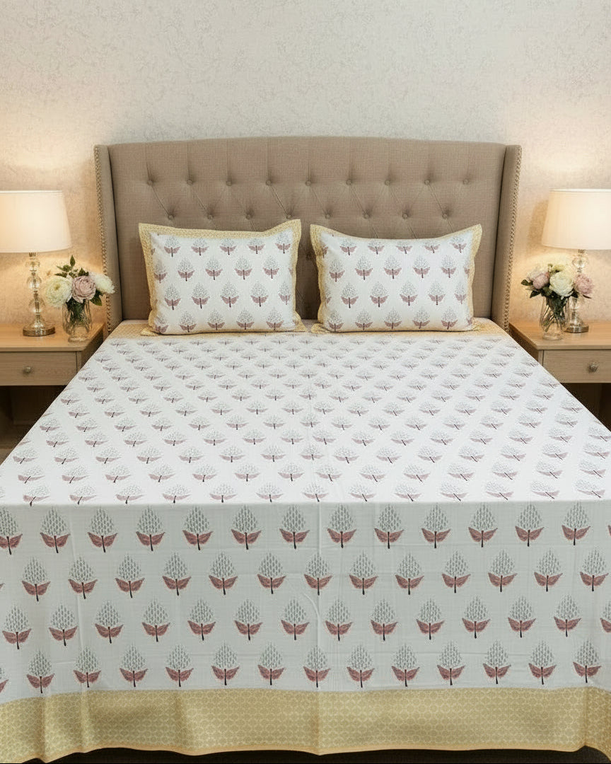 Bed with floral patterned bedding and pillows in a bedroom setting.