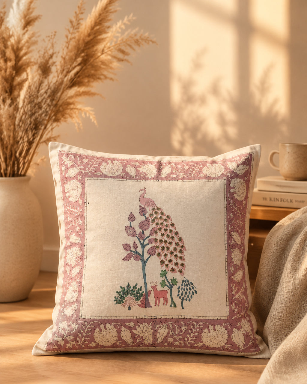 Mayur pink Hand Block Canvas cotton cushion cover – product view