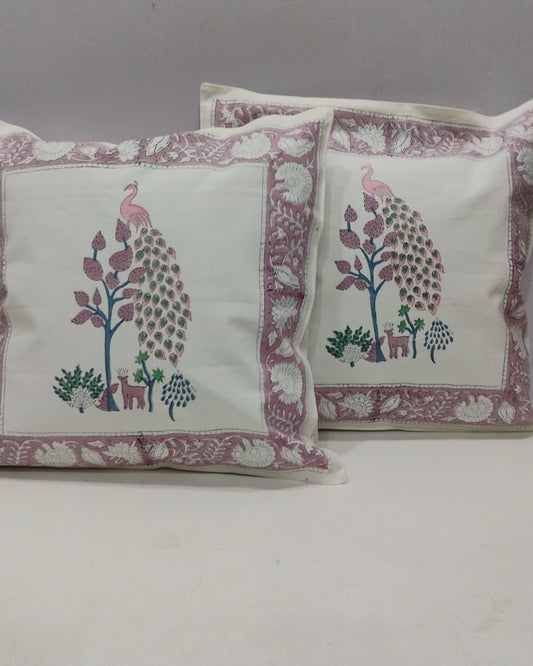 Mayur pink Hand Block Canvas cotton cushion cover – front view