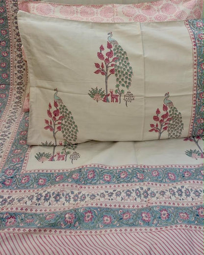 Mayur hand block Percale Cotton bedsheet with pink and teal peacock buta on ivory and a blue-pink border