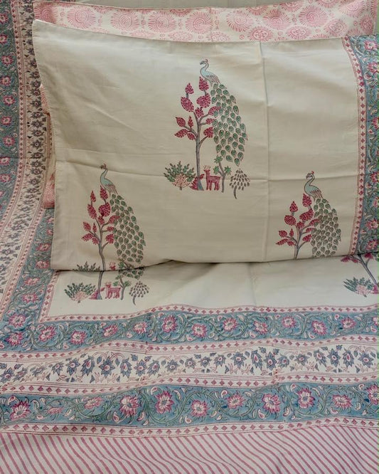 Mayur hand block Percale Cotton bedsheet with pink and teal peacock buta on ivory and a blue-pink border