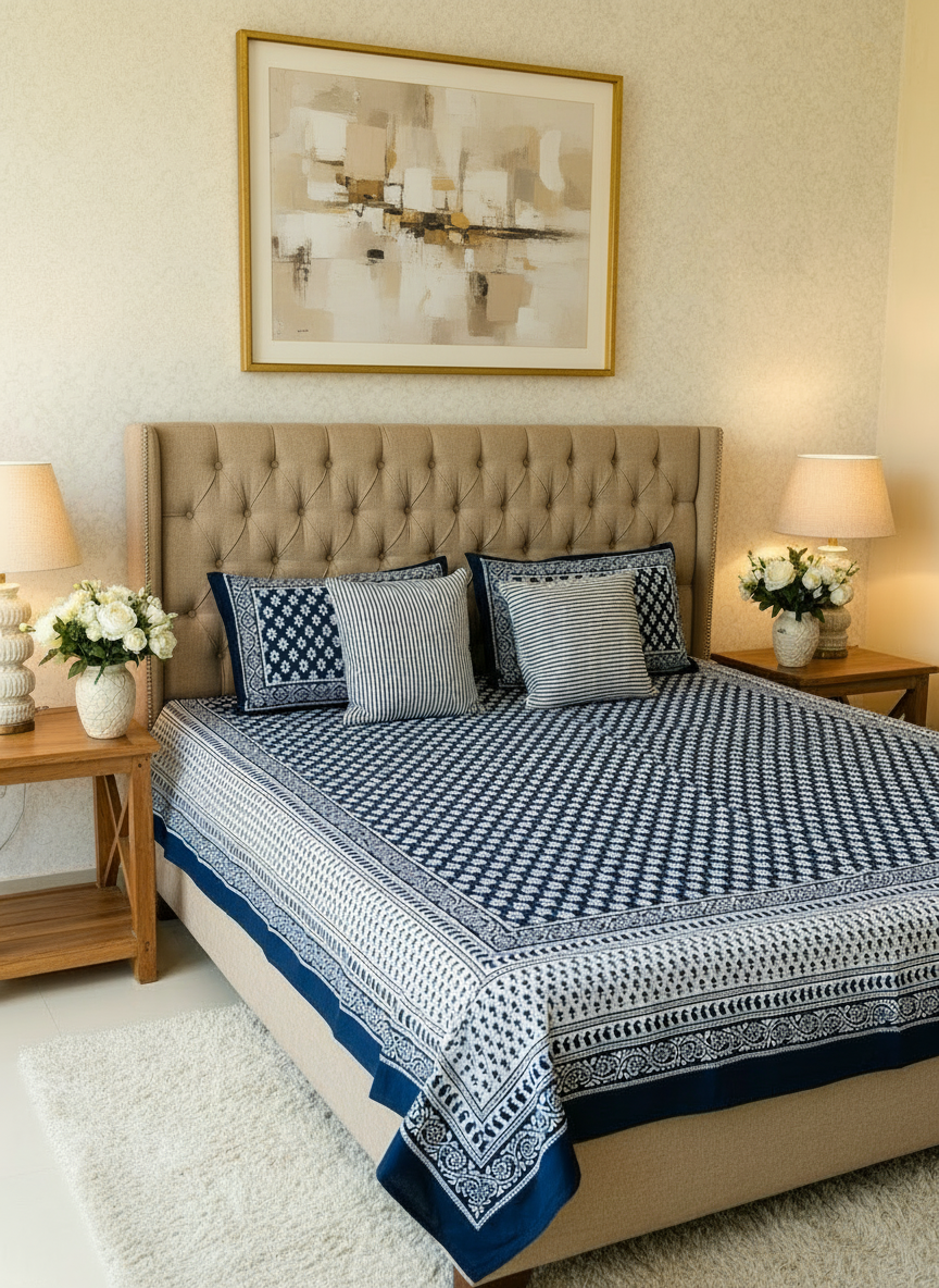 Bed with blue and white patterned bedspread and pillows against a beige wall.