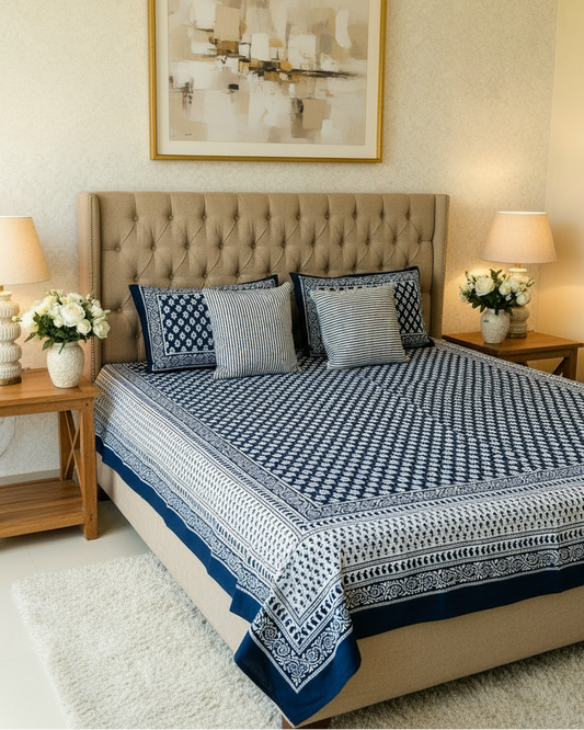 Bed with blue and white patterned bedspread and pillows against a beige wall.