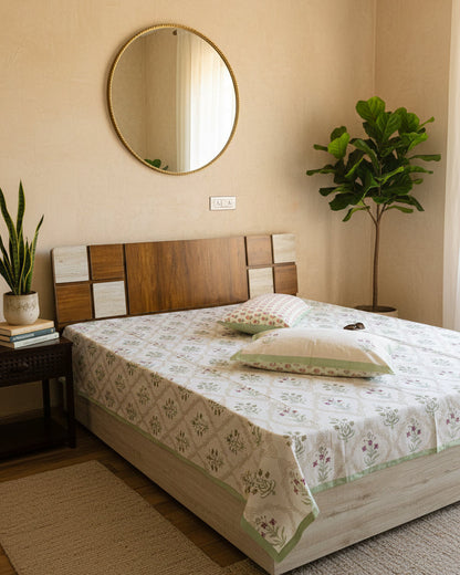 Mehek green floral pure cotton bedsheet – front view