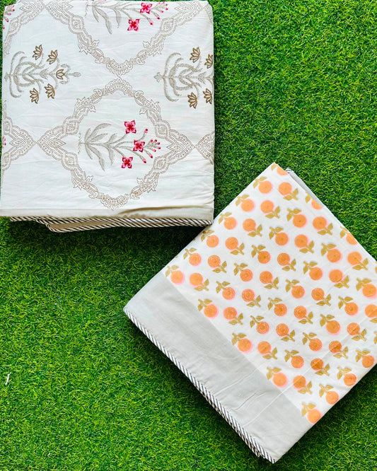 Grey taupe medallion trellis reversible mulmul cotton dohar with pink floral accents, reversing to orange florals