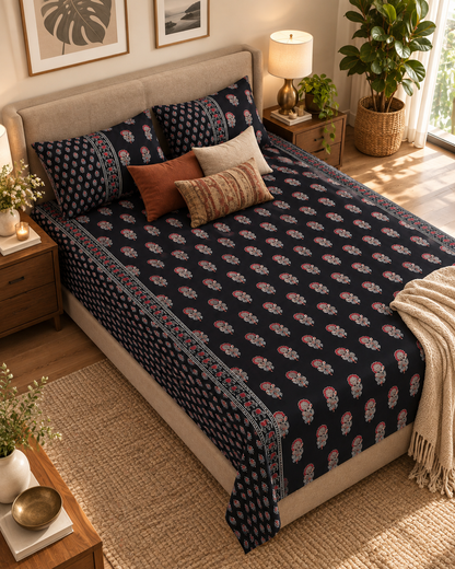 Overhead view of Mehfil Black floral buta bedsheet and pillow covers