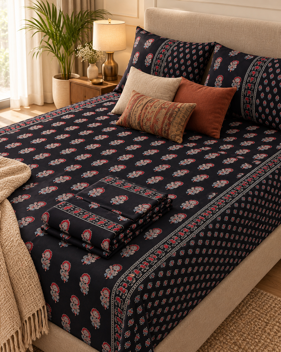 Mehfil Black bedsheet set folded on the bed