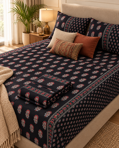 Mehfil Black bedsheet set folded on the bed