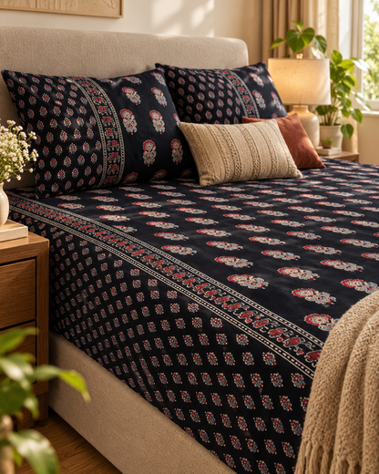 Mehfil Black pillow covers and bedsheet detail with ivory and rust cushions