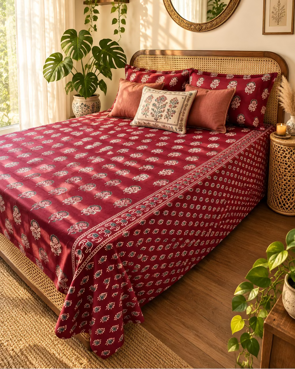 Mehfil Red bedsheet styled with coral cushions on a cane bed with a round mirror above