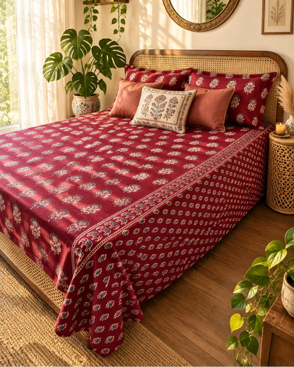Mehfil Red bedsheet styled with coral cushions on a cane bed with a round mirror above