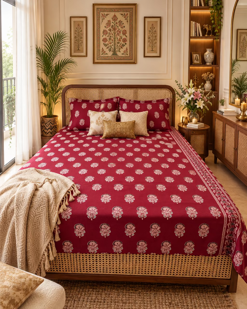 Mehfil Red bedsheet and pillow covers on a cane bed