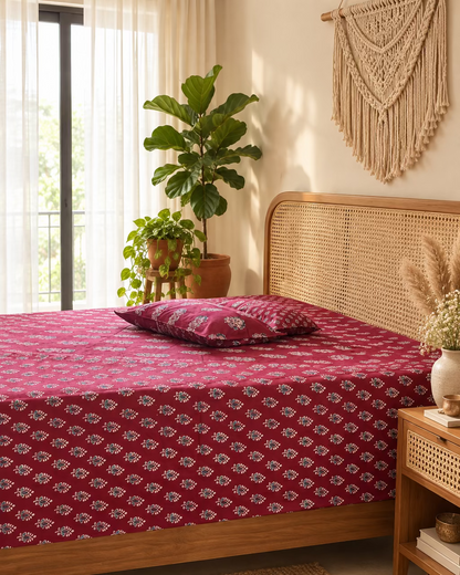 Mehfil Red floral buta bedsheet on a cane-headboard bed beside a macramé wall hanging