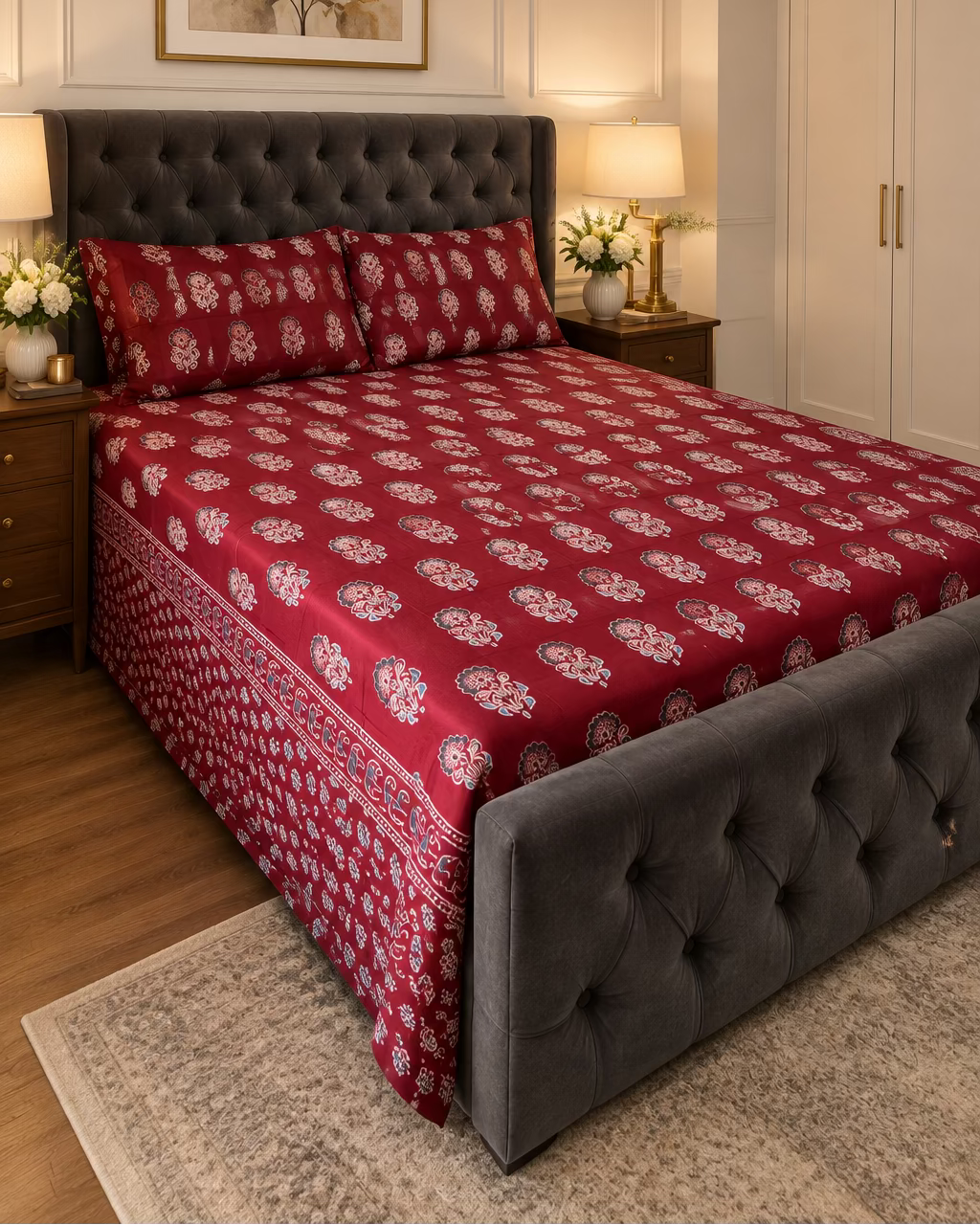 Mehfil Red bedsheet on a charcoal tufted bed