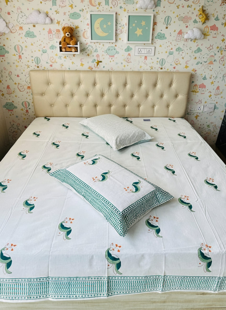 Morni - The Peacock Bedsheet | Hand Block | Soft Fine Cotton
