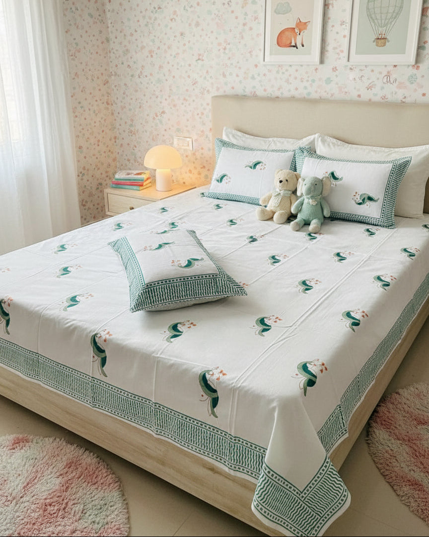 Morni hand block Soft Fine Cotton kids bedsheet – styled view