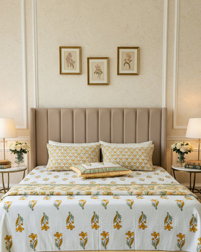 Mridula yellow floral pure cotton bedsheet – front view