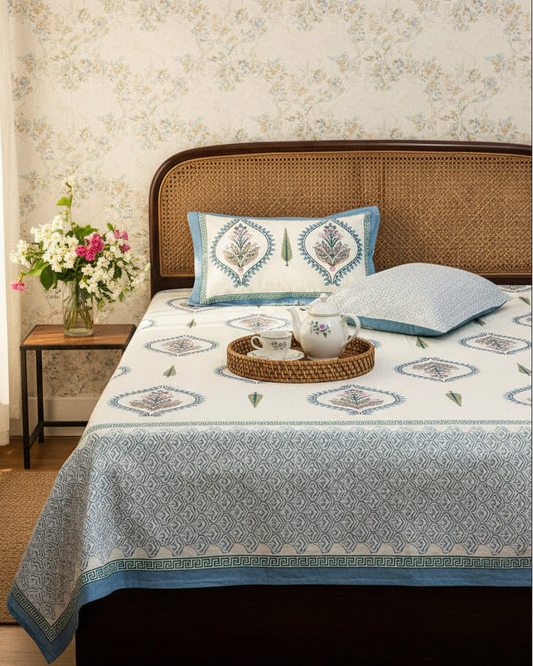 Mrigakshi blue Everyday Cotton bedsheet – styled view