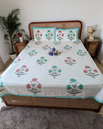 Nargis green botanical pure cotton bedsheet – front view