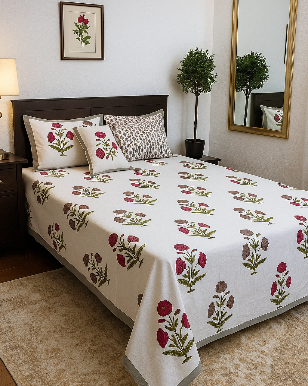 Bedroom with floral-patterned bedspread on a bed, framed picture on the wall, and mirror.