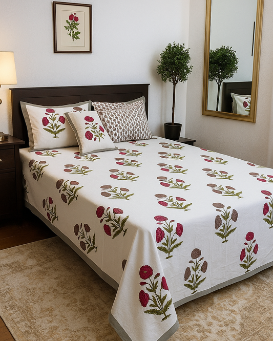 Bedroom with floral-patterned bedspread on a bed, framed picture on the wall, and mirror.
