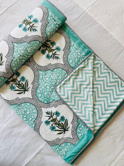 Pastel green Mughal ogee Double Dohar rolled to show floral face and chevron reverse