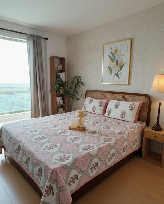 Bedroom with floral bedspread, wooden nightstand, and framed artwork on wall.