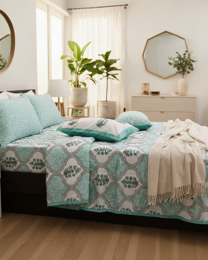Neerja green floral pure cotton bedsheet – front view