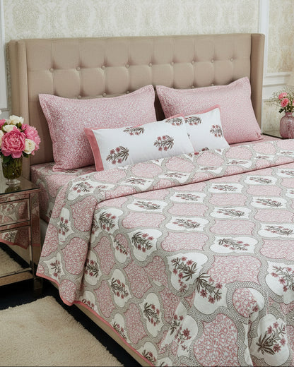 Blush pink Mughal ogee cotton bedsheet styled with matching pillow covers