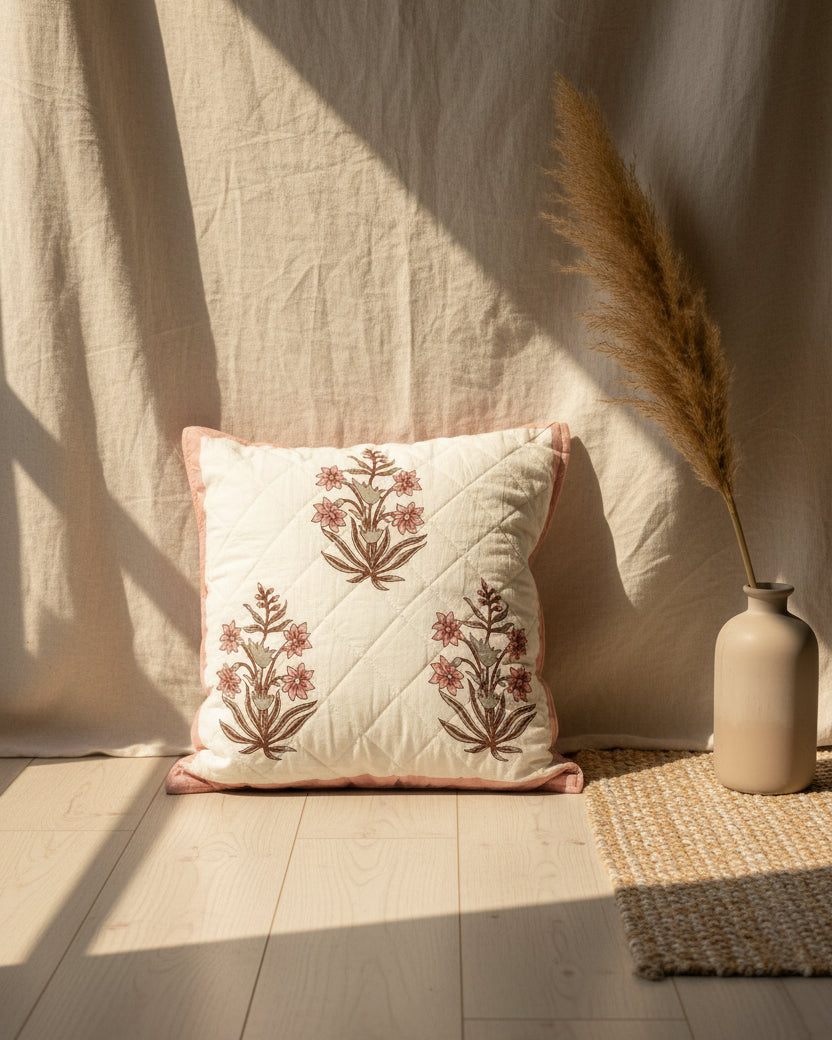 Neerja pink quilted cushion cover styled with repeating pink floral motifs