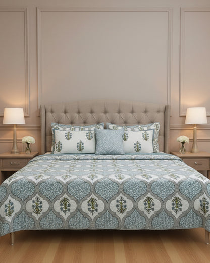 Powder blue Mughal ogee motif cotton bedsheet on white with matching pillow covers