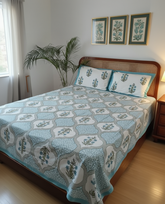 Bed with floral-patterned bedspread in a bedroom setting