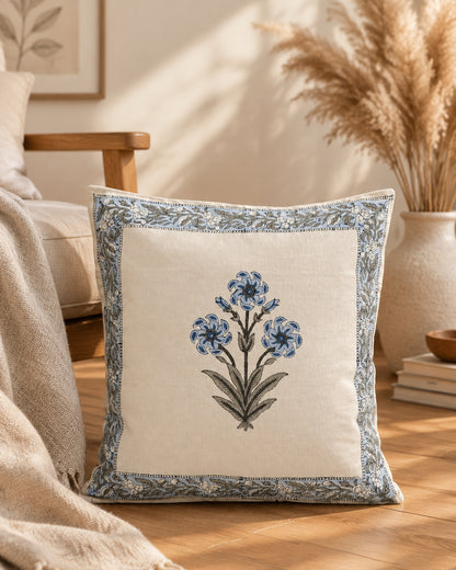 Nilofer blue Hand Block Canvas cotton cushion cover – product view