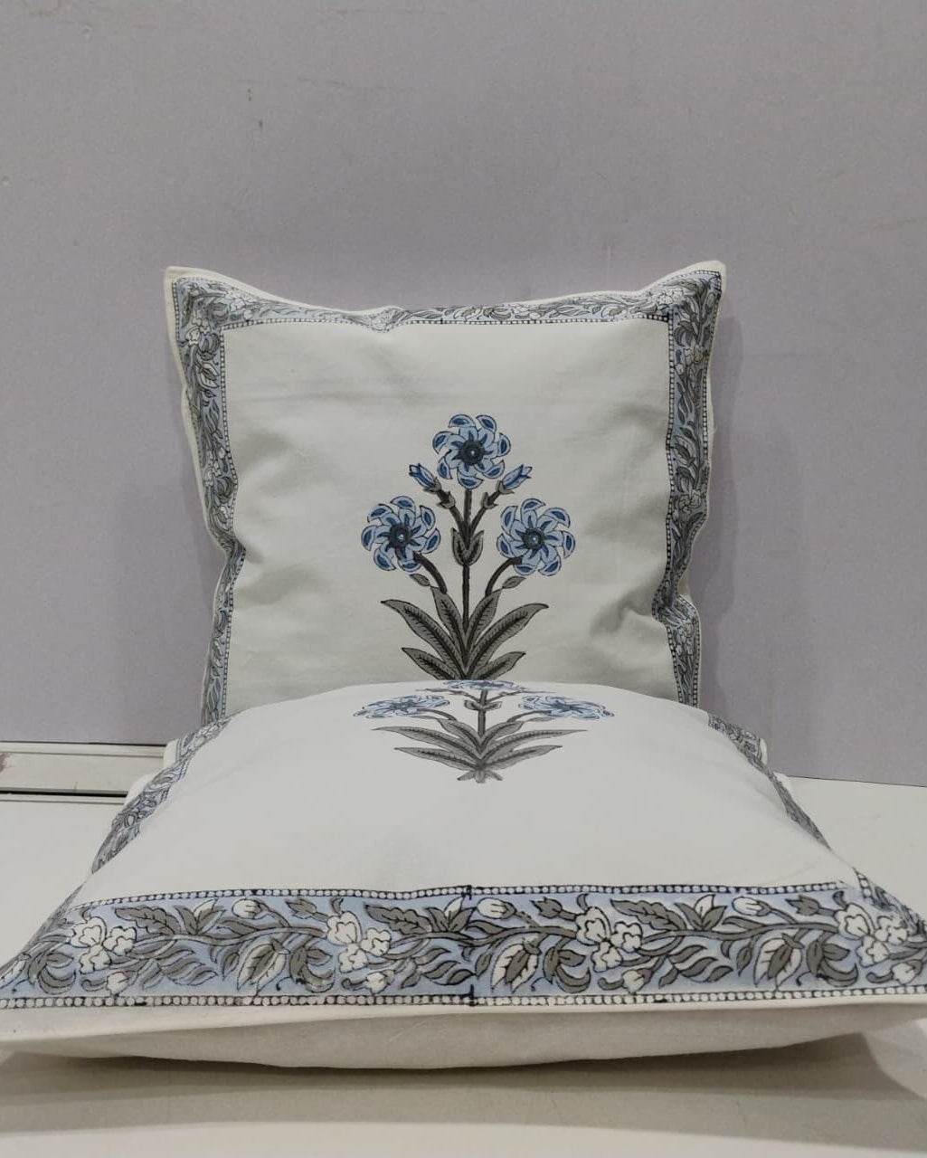 Nilofer blue Hand Block Canvas cotton cushion cover – fabric close-up