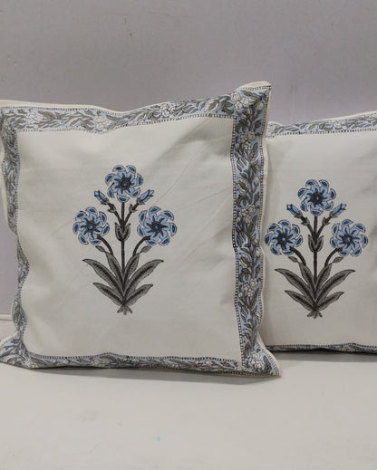 Nilofer blue Hand Block Canvas cotton cushion cover – front view