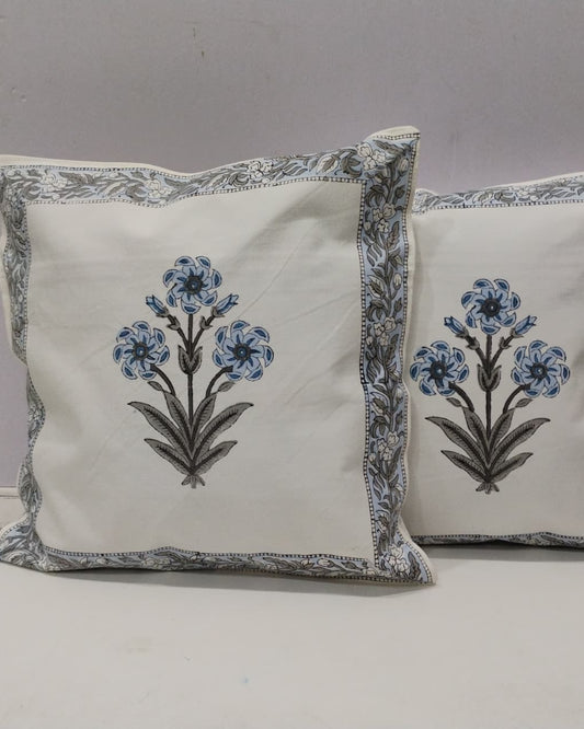 Nilofer blue Hand Block Canvas cotton cushion cover – front view