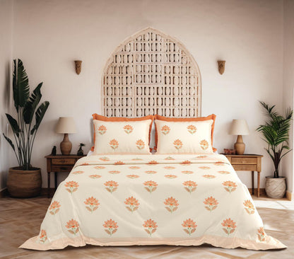 Noor orange floral pure cotton bedsheet – fabric close-up
